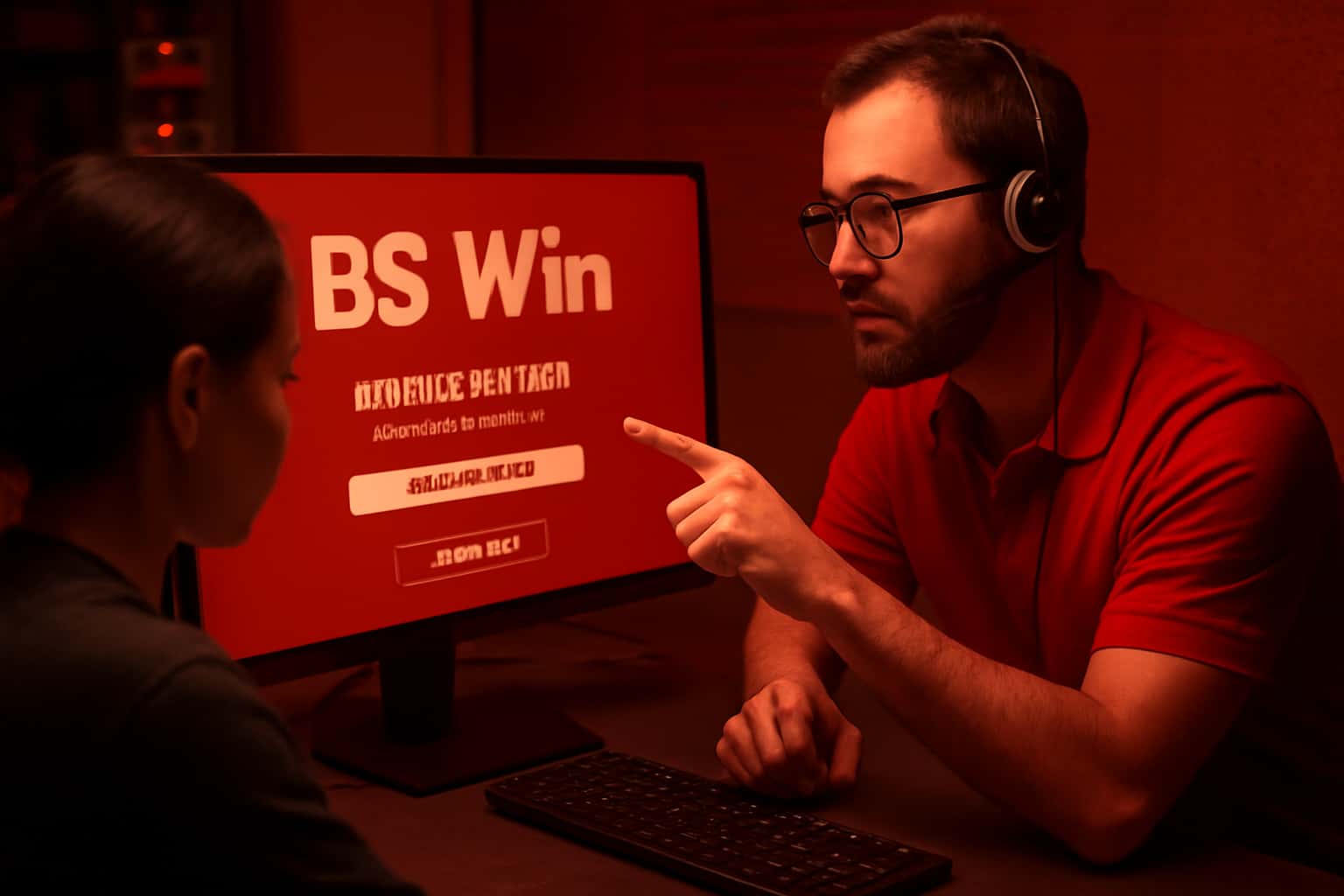 A technical help desk scene illustrating secure account setup for BS Win.